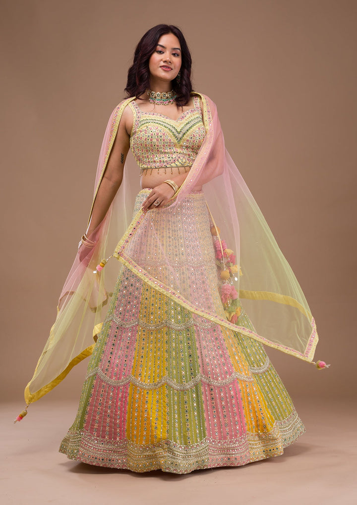 Yellow Mirrorwork Georgette Readymade Lehenga-Koskii