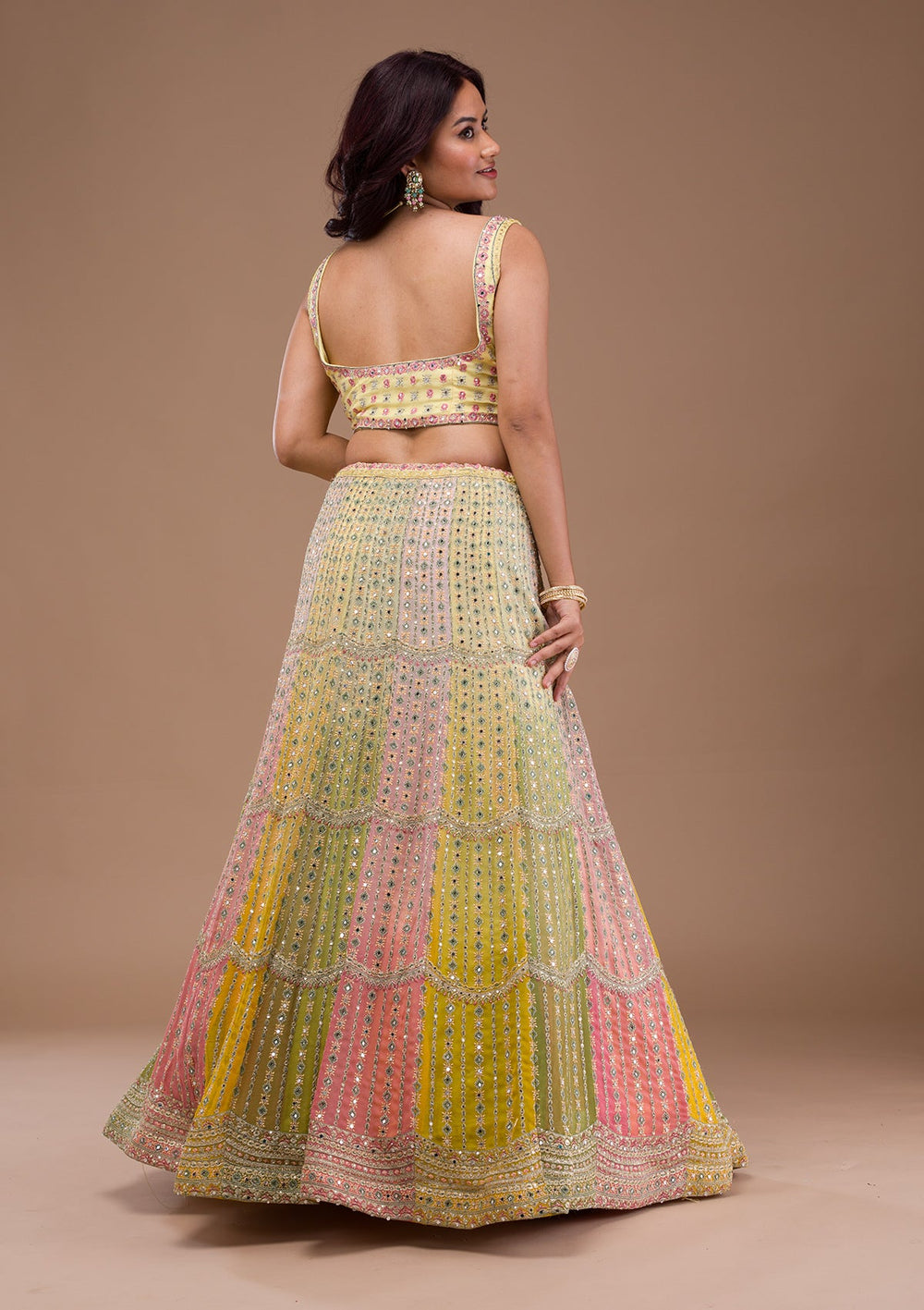 Yellow Mirrorwork Georgette Readymade Lehenga-Koskii