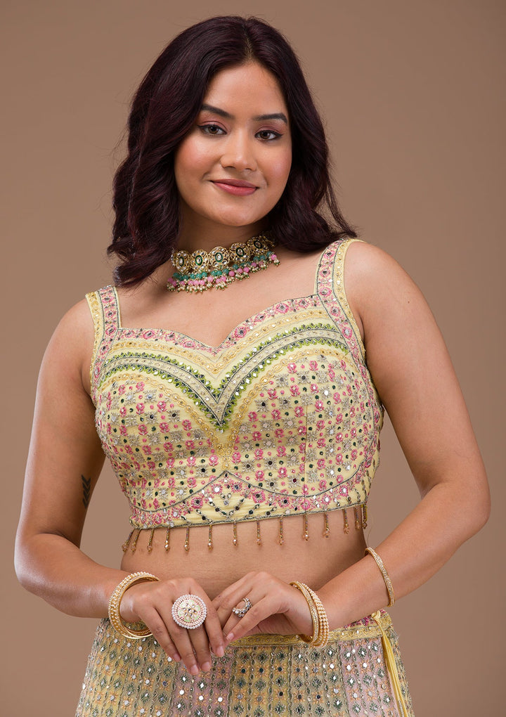 Yellow Mirrorwork Georgette Readymade Lehenga-Koskii