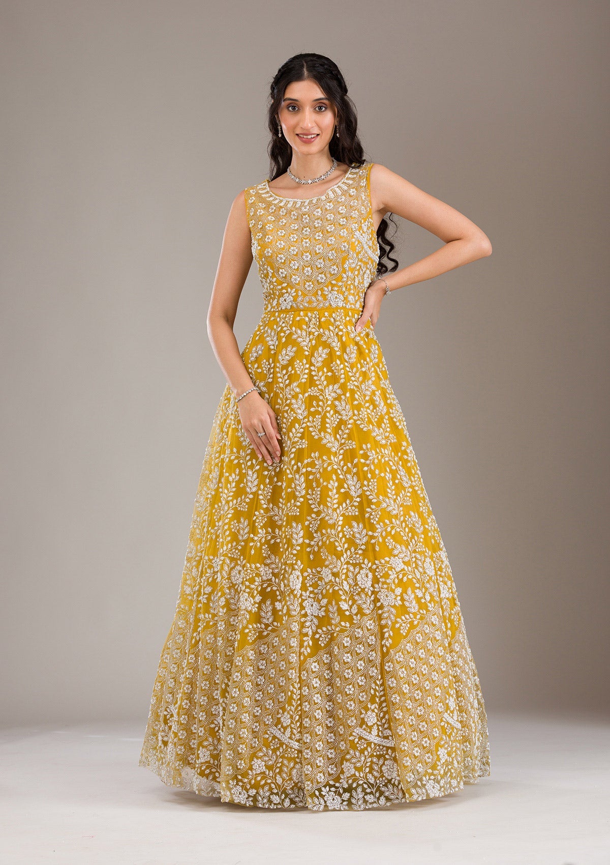 Buy Yellow Pearlwork Net Gown - Koskii Buy Yellow Pearlwork Net Gown - Koskii