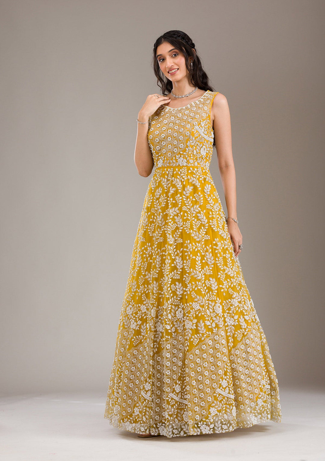 Buy Yellow Pearlwork Net Gown - Koskii Buy Yellow Pearlwork Net Gown - Koskii
