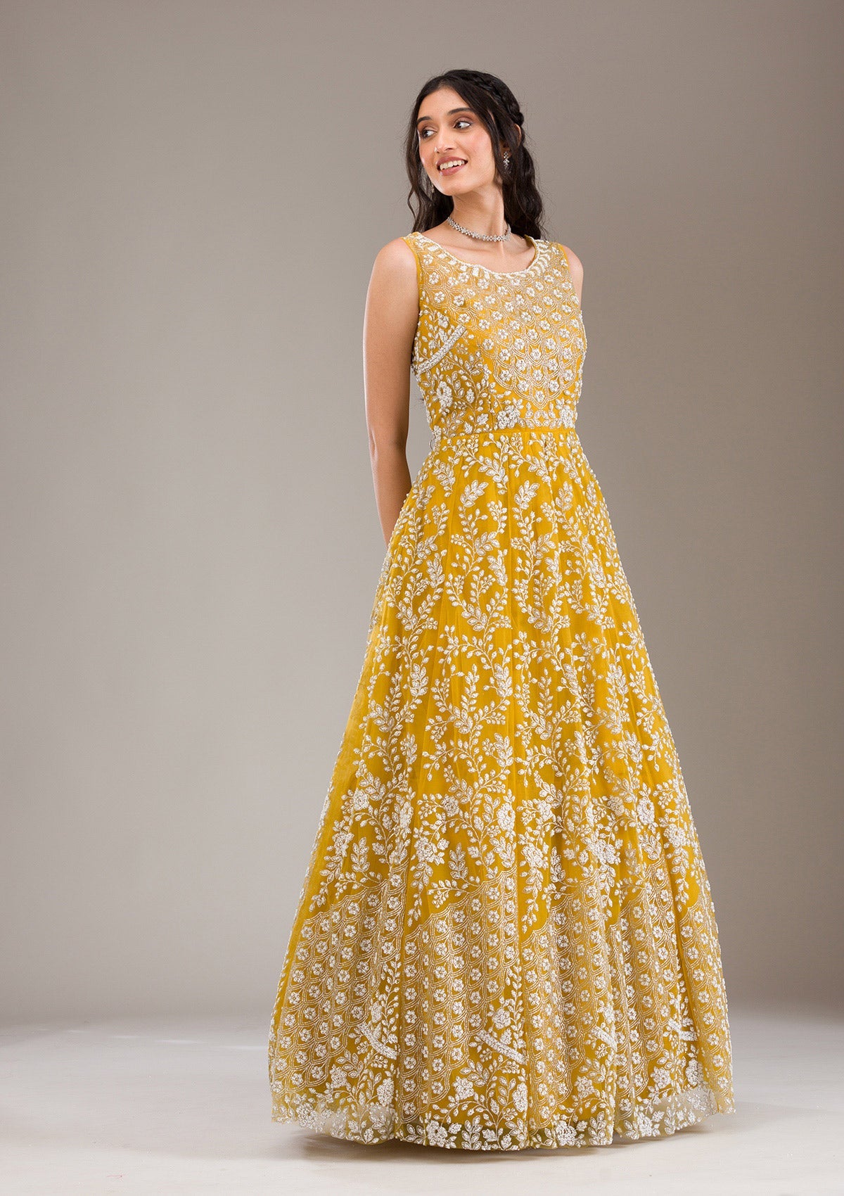 Yellow Pearlwork Net Gown-Koskii