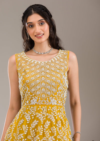 Yellow Pearlwork Net Gown-Koskii