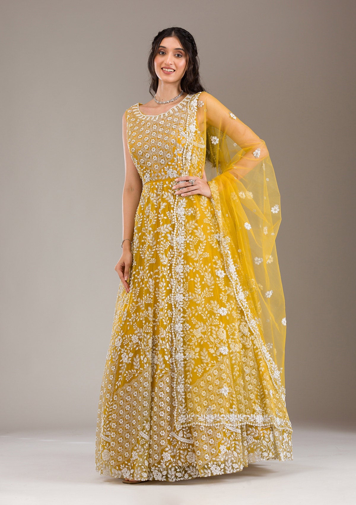 Yellow Pearlwork Net Gown-Koskii