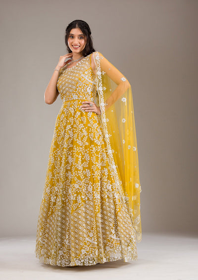 Yellow Pearlwork Net Gown-Koskii