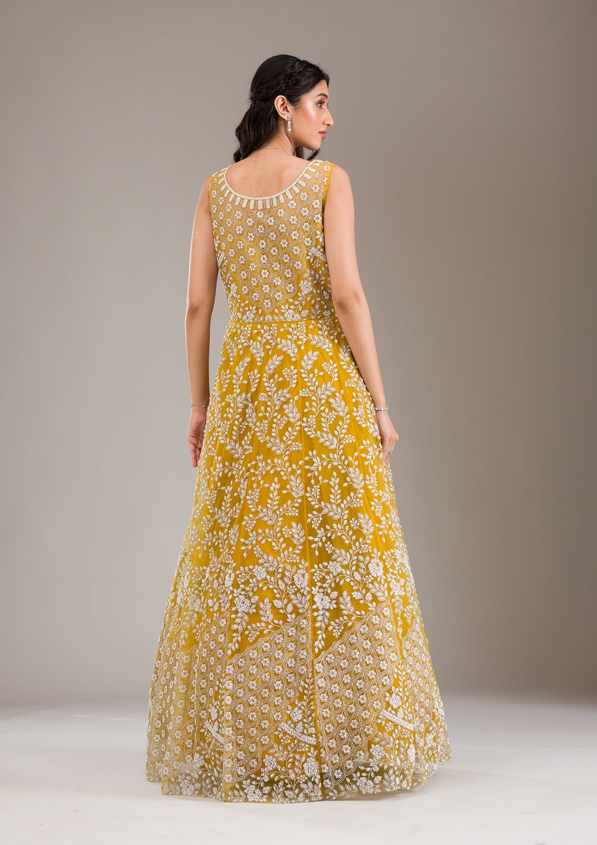 Yellow Pearlwork Net Gown-Koskii