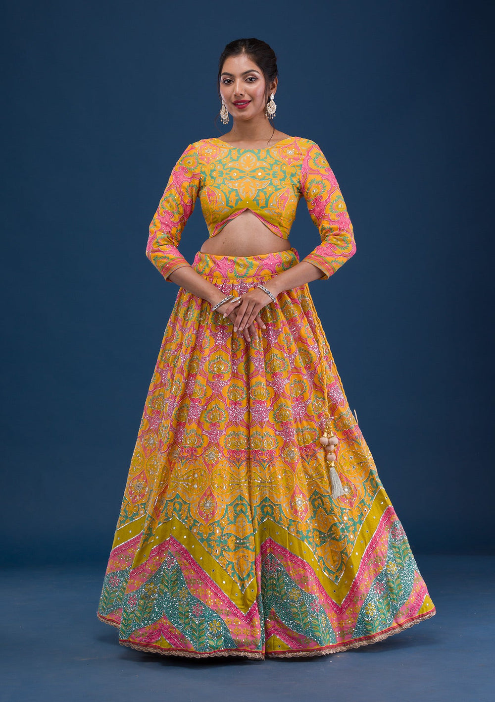 Yellow Print Crepe Readymade Lehenga-Koskii