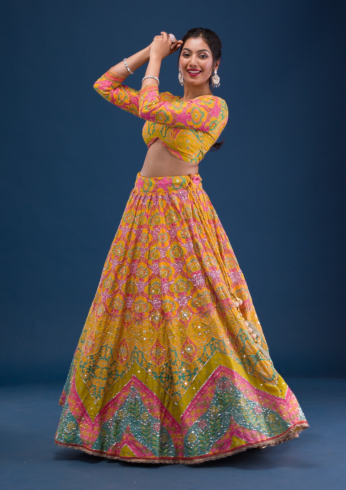 Yellow Print Crepe Readymade Lehenga-Koskii