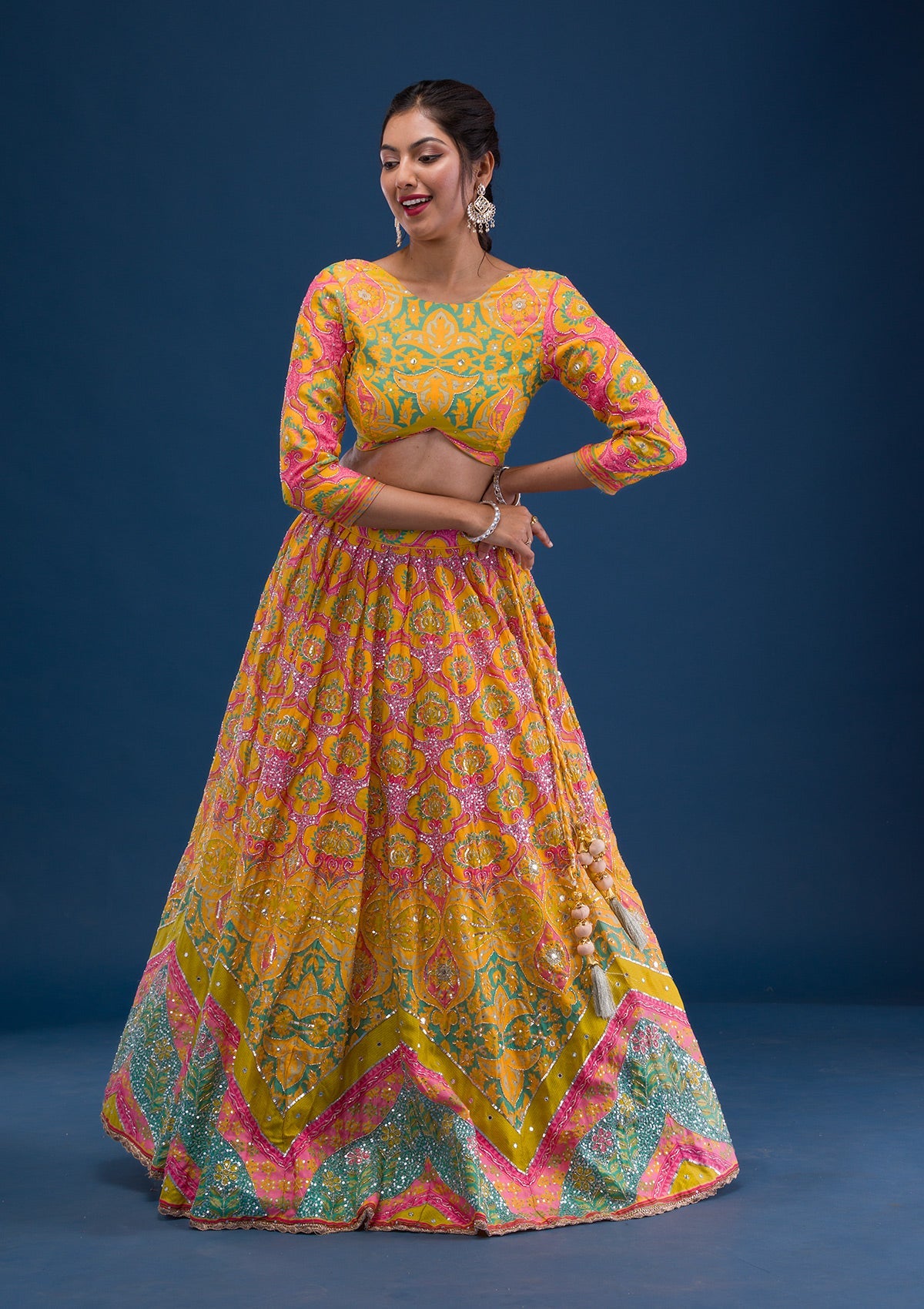 Yellow Print Crepe Readymade Lehenga-Koskii