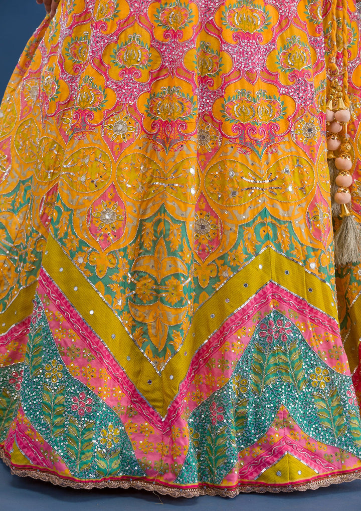 Yellow Print Crepe Readymade Lehenga-Koskii