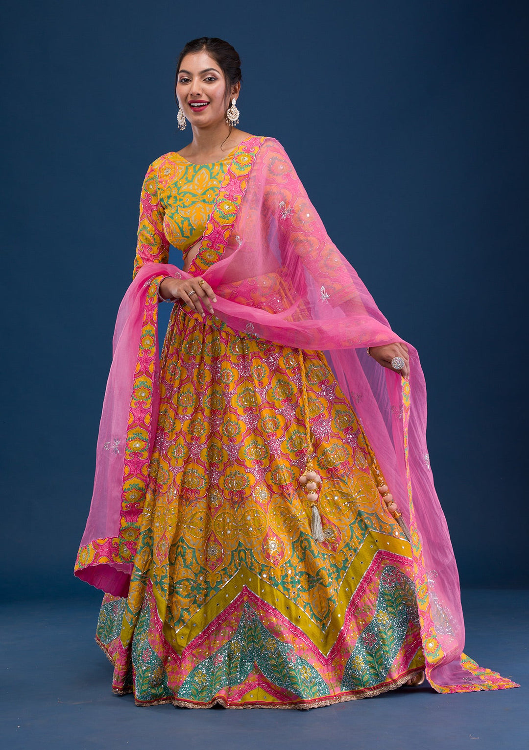 Yellow Print Crepe Readymade Lehenga-Koskii