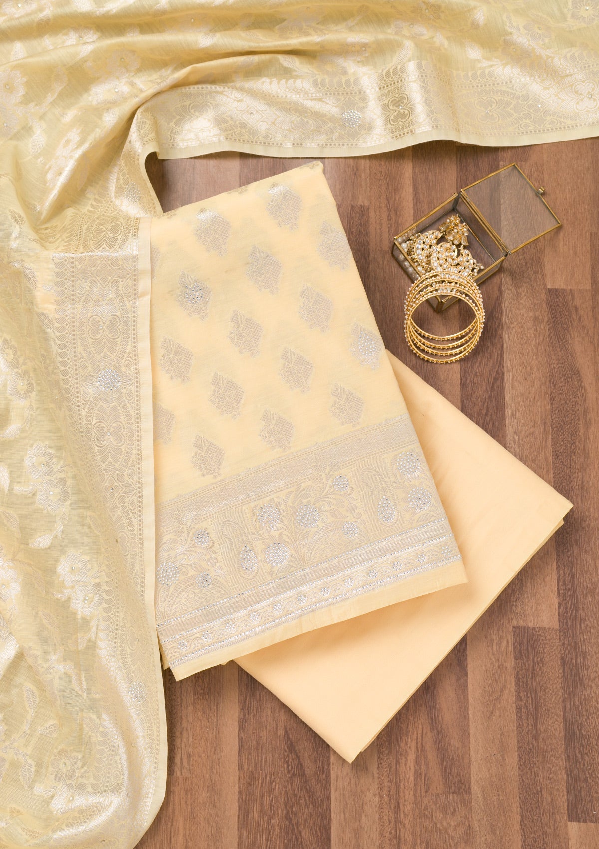 Yellow Printed Banarasi Unstitched Salwar Suit-Koskii