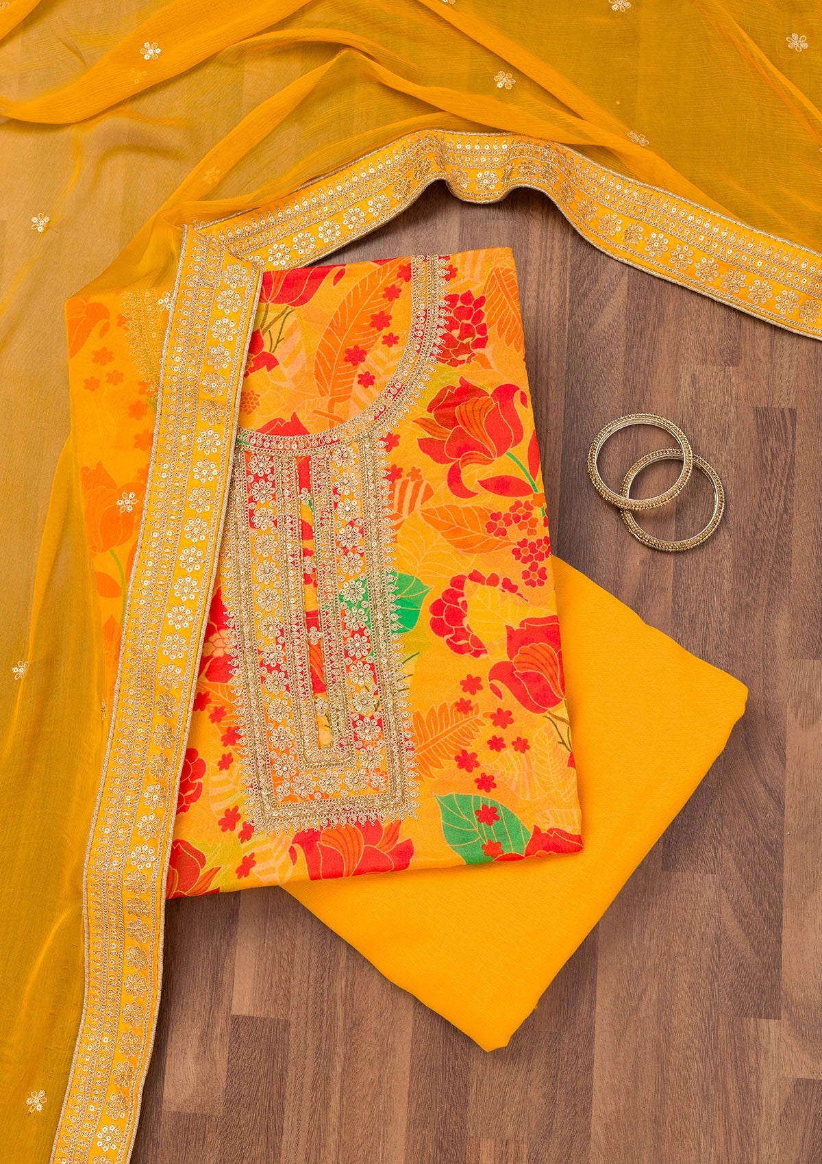 Yellow Printed Chiffon Unstitched Salwar Suit-Koskii