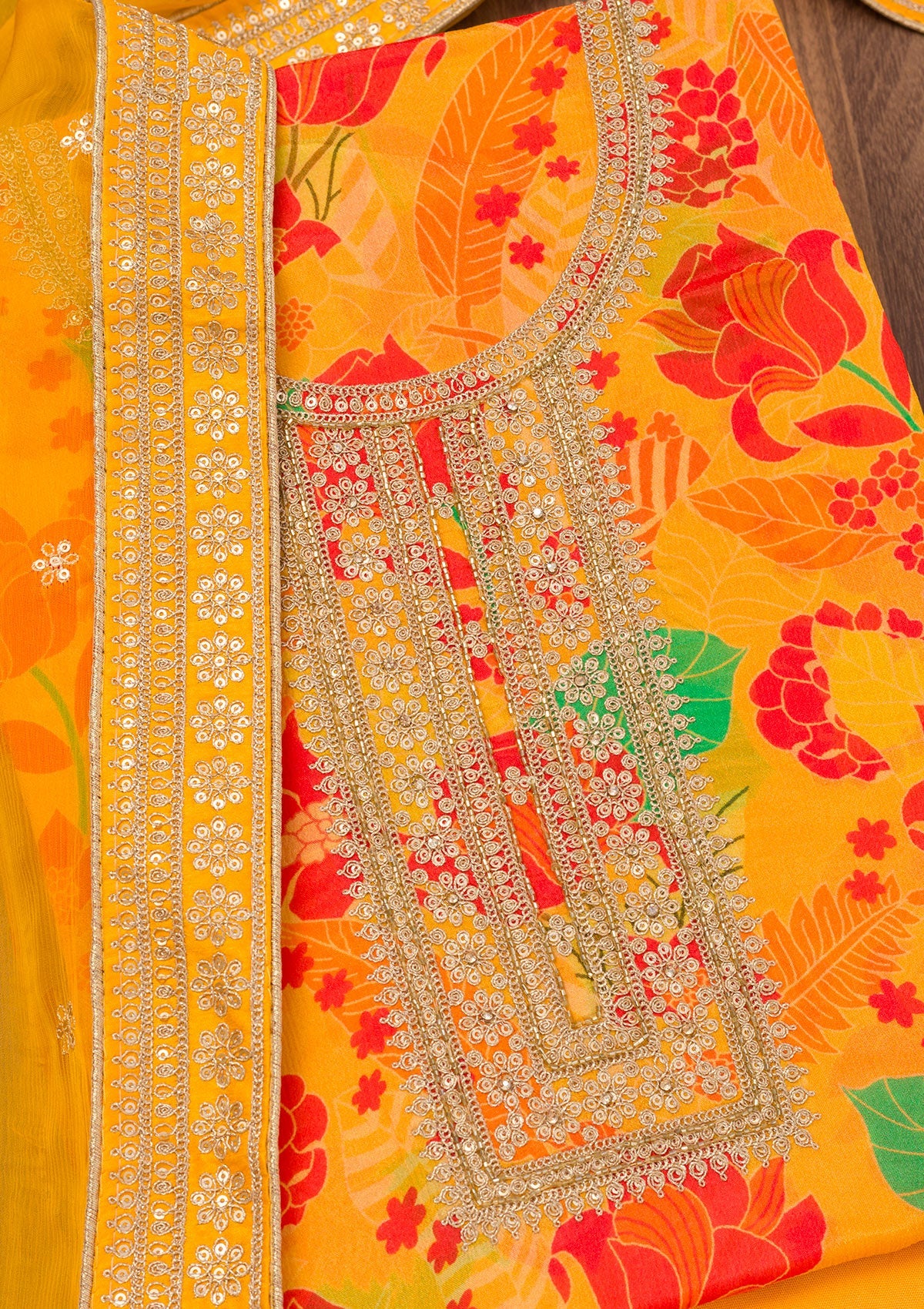 Yellow Printed Chiffon Unstitched Salwar Suit-Koskii