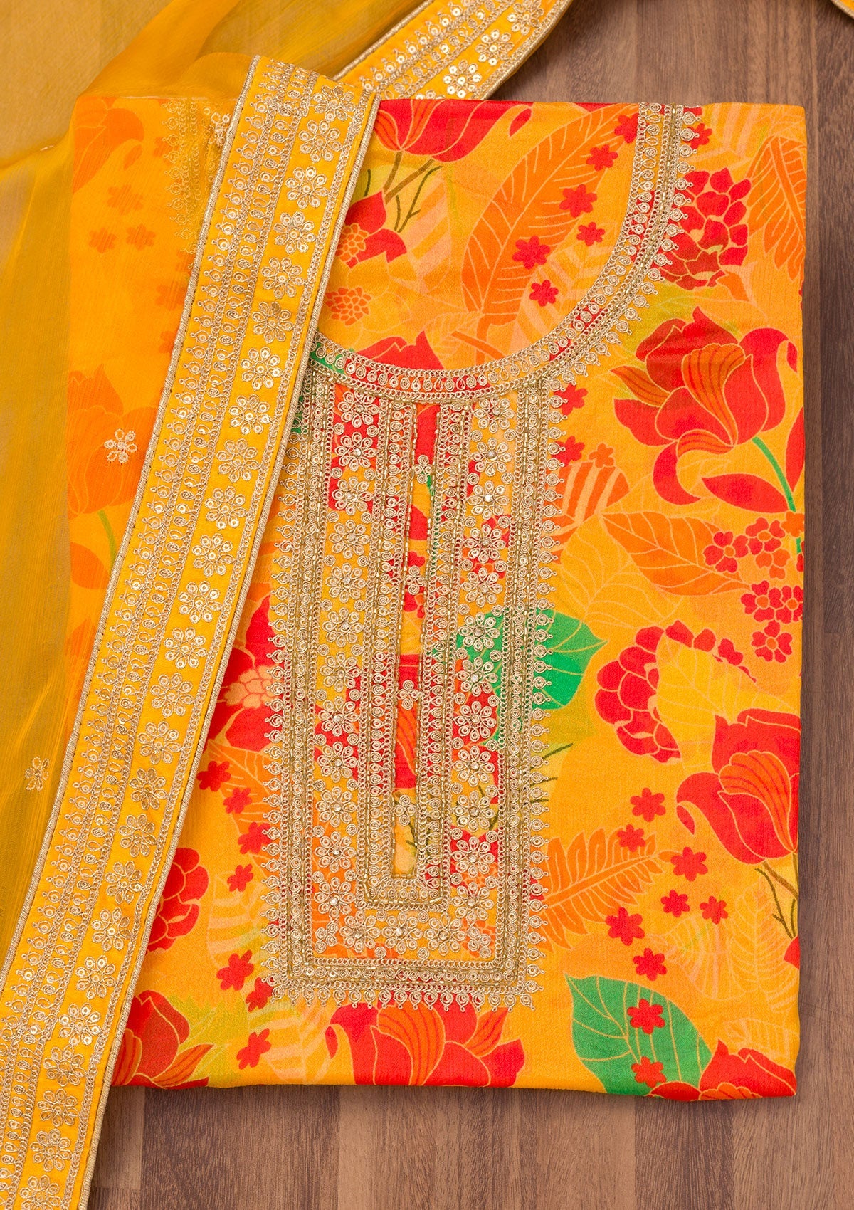 Yellow Printed Chiffon Unstitched Salwar Suit-Koskii