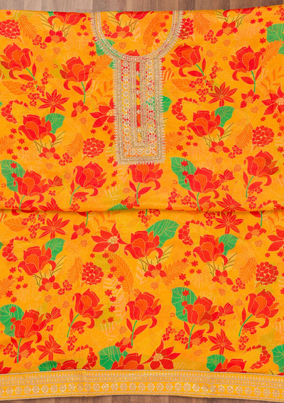 Yellow Printed Chiffon Unstitched Salwar Suit-Koskii