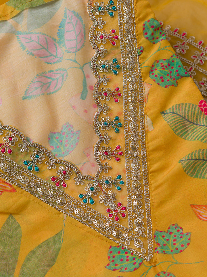 Yellow Printed Cotton Blend Unstitched Salwar Suit