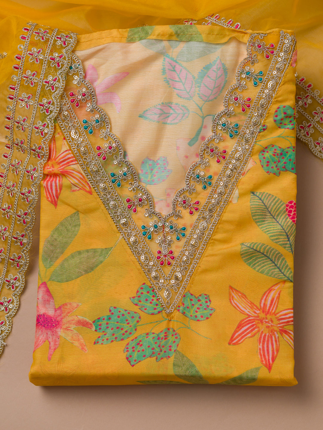 Yellow Printed Cotton Blend Unstitched Salwar Suit