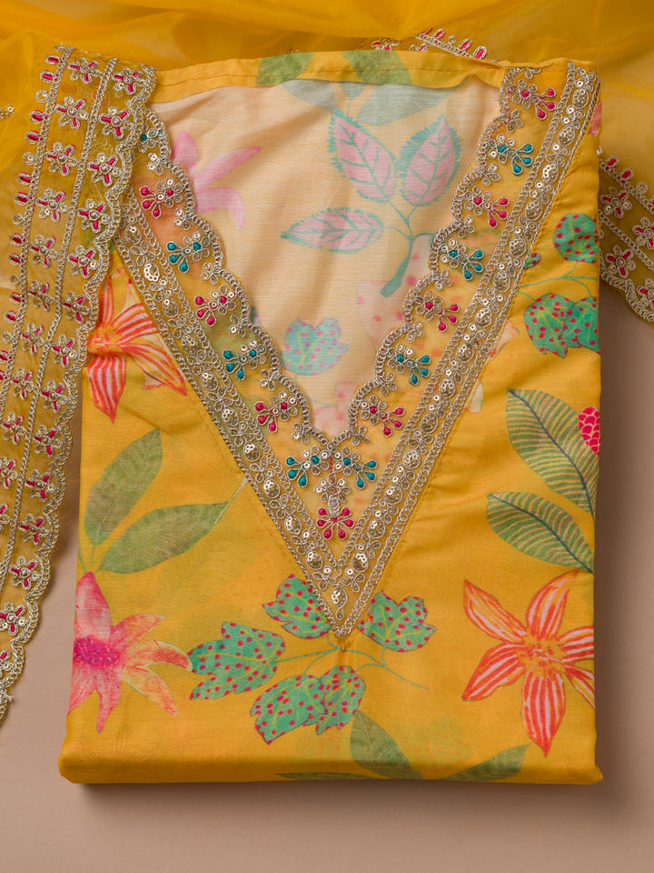 Yellow Printed Cotton Blend Unstitched Salwar Suit