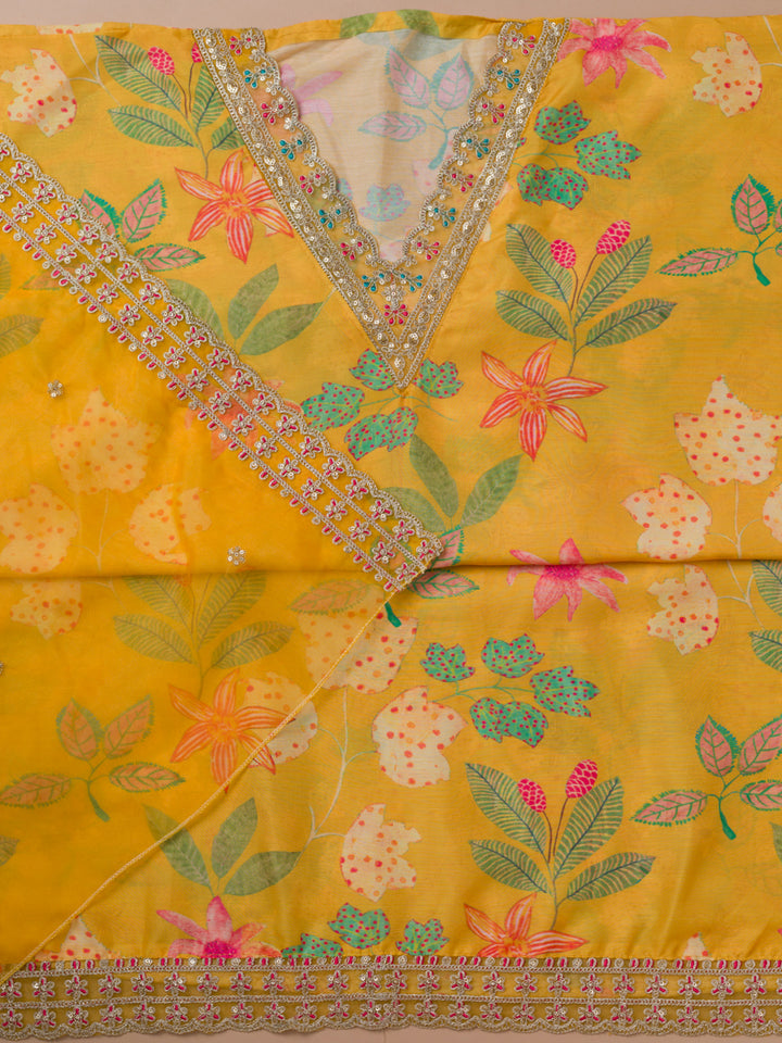 Yellow Printed Cotton Blend Unstitched Salwar Suit