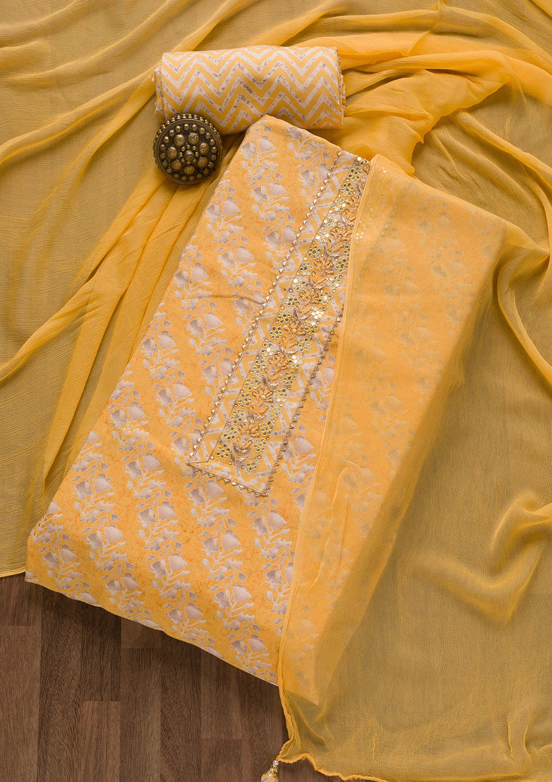 Yellow Printed Cotton Blend Unstitched Salwar Suit-Koskii