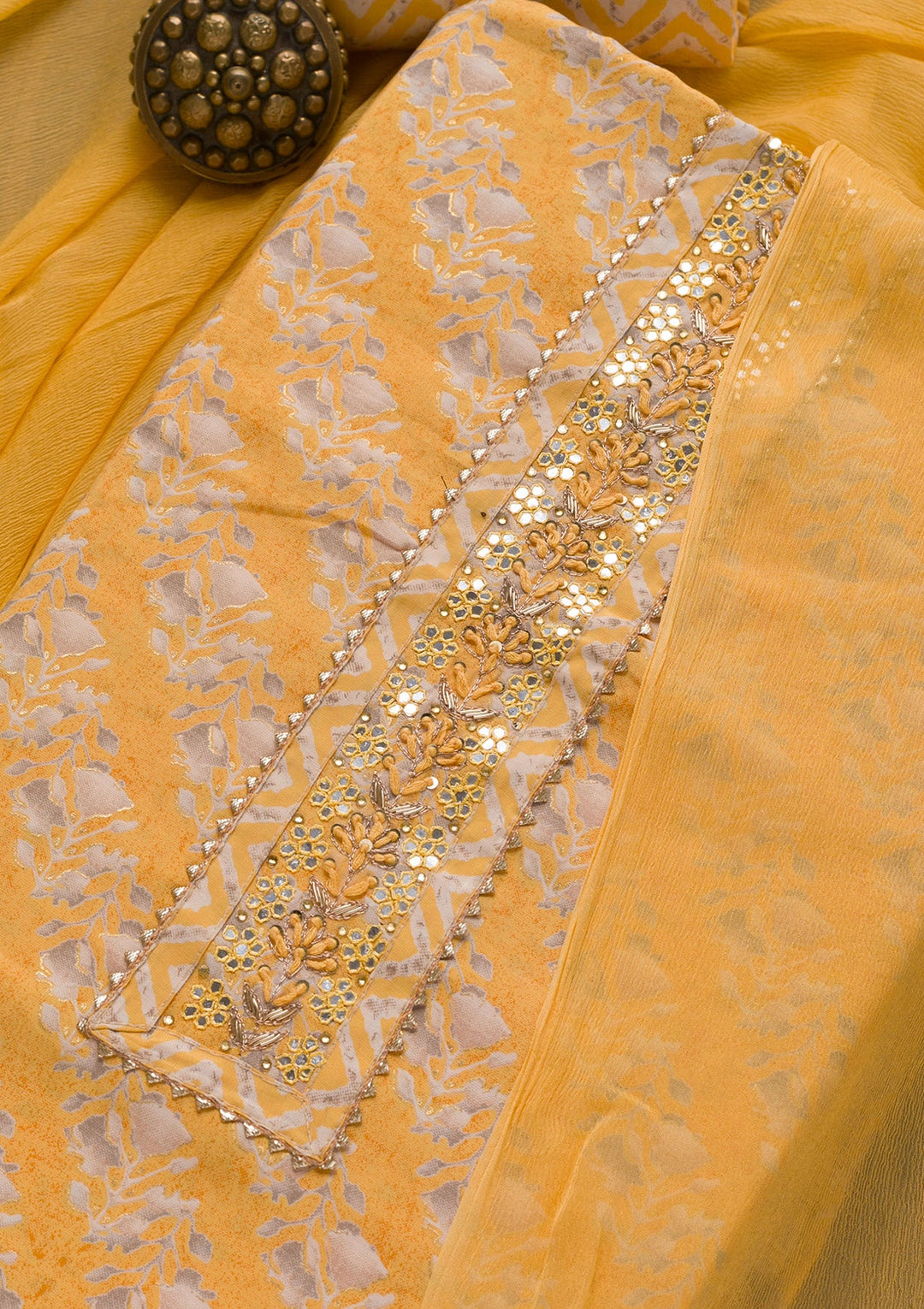 Yellow Printed Cotton Blend Unstitched Salwar Suit-Koskii