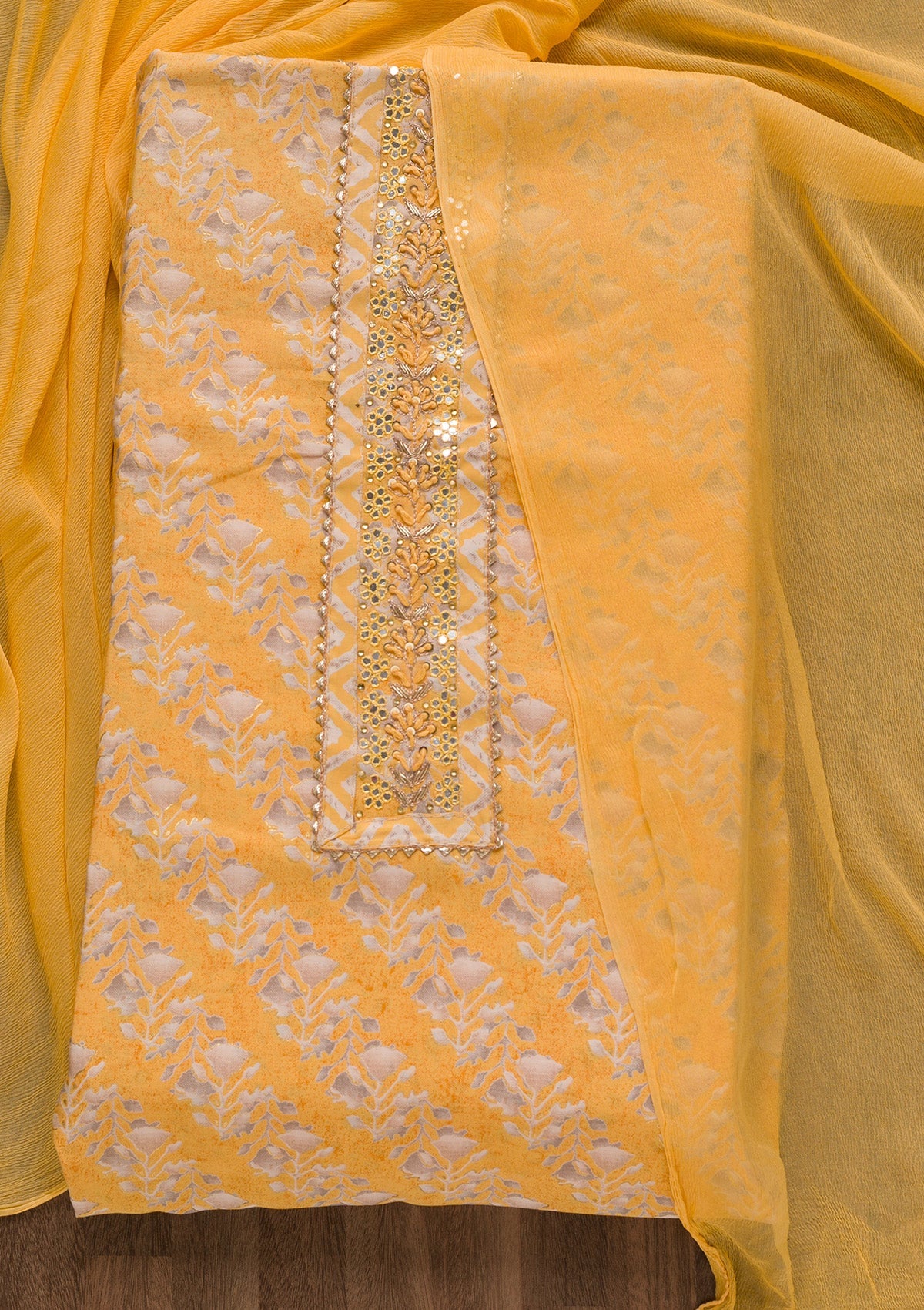 Yellow Printed Cotton Blend Unstitched Salwar Suit-Koskii