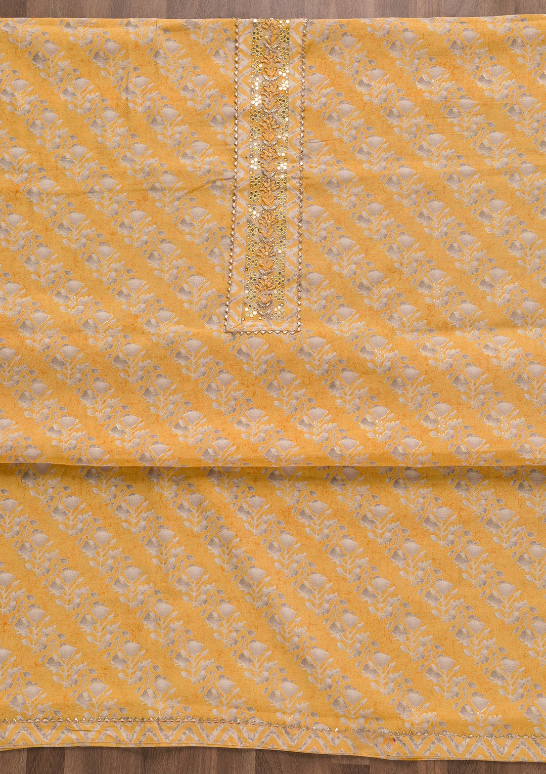 Yellow Printed Cotton Blend Unstitched Salwar Suit-Koskii