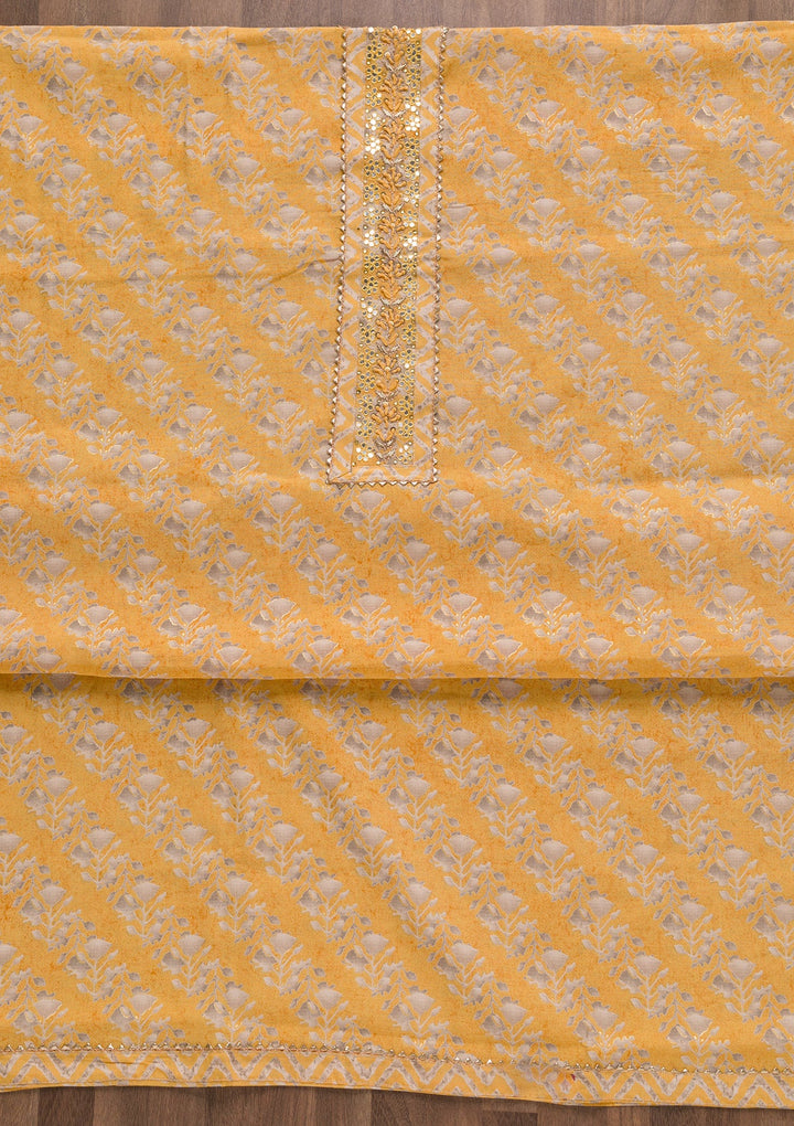 Yellow Printed Cotton Blend Unstitched Salwar Suit-Koskii