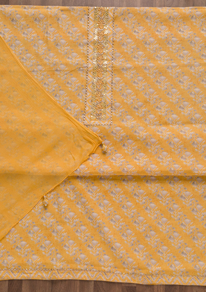 Yellow Printed Cotton Blend Unstitched Salwar Suit-Koskii