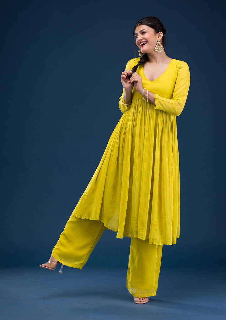 Yellow Printed Georgette Readymade Salwar Suit-Koskii