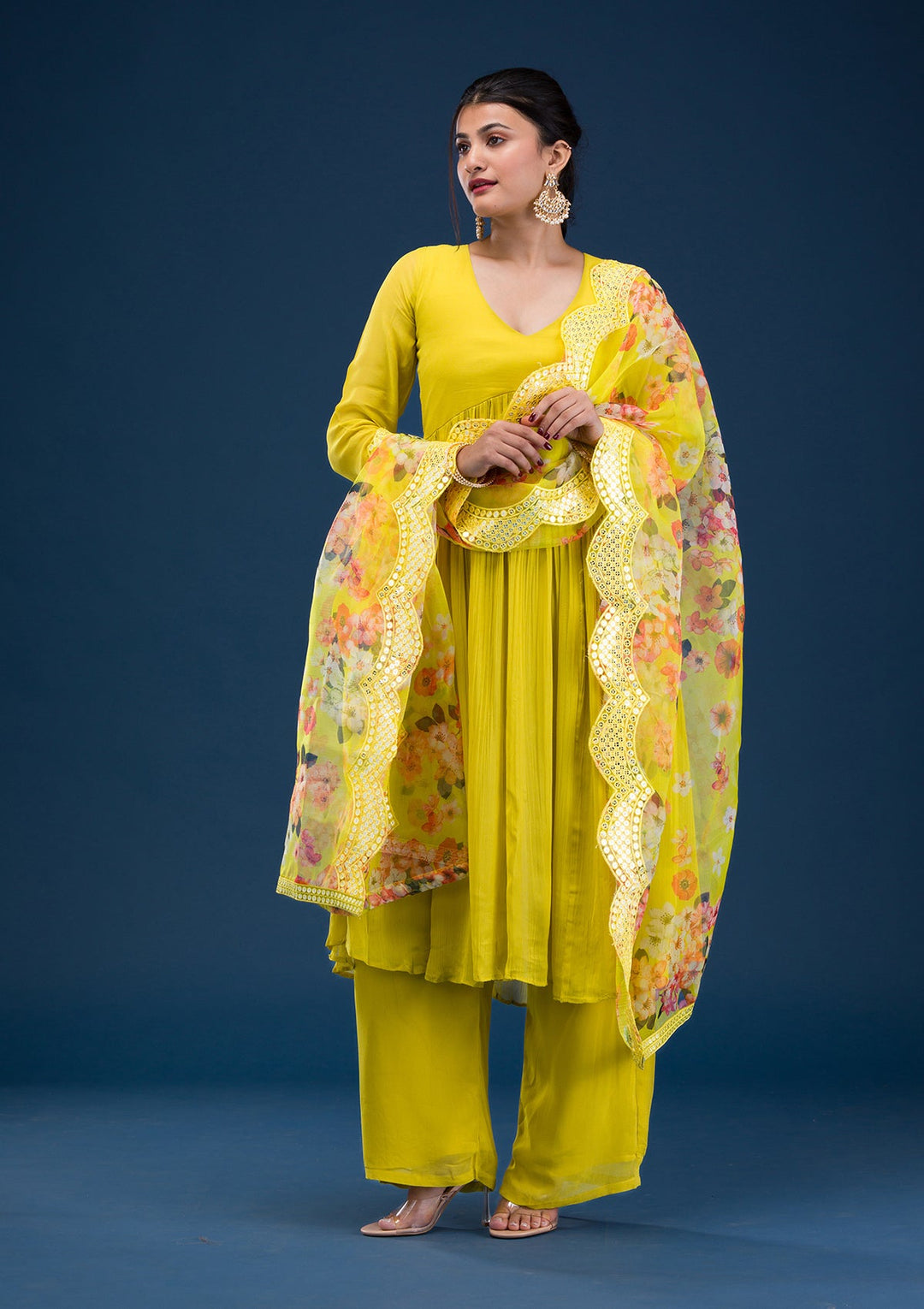 Yellow Printed Georgette Readymade Salwar Suit-Koskii