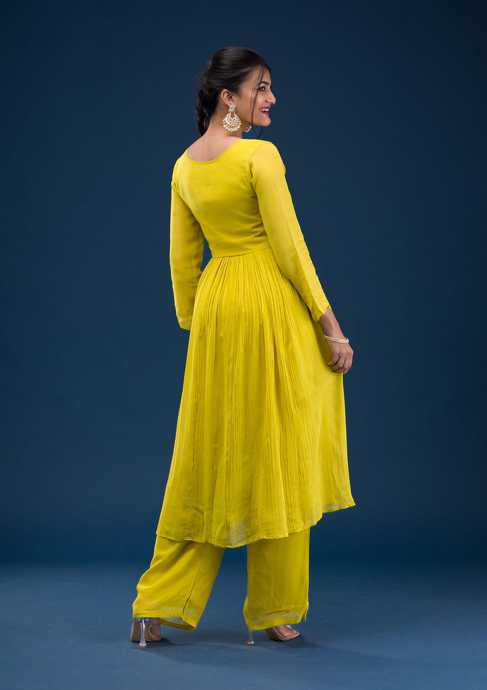Yellow Printed Georgette Readymade Salwar Suit-Koskii