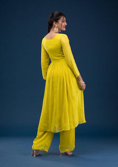 Yellow Printed Georgette Readymade Salwar Suit-Koskii
