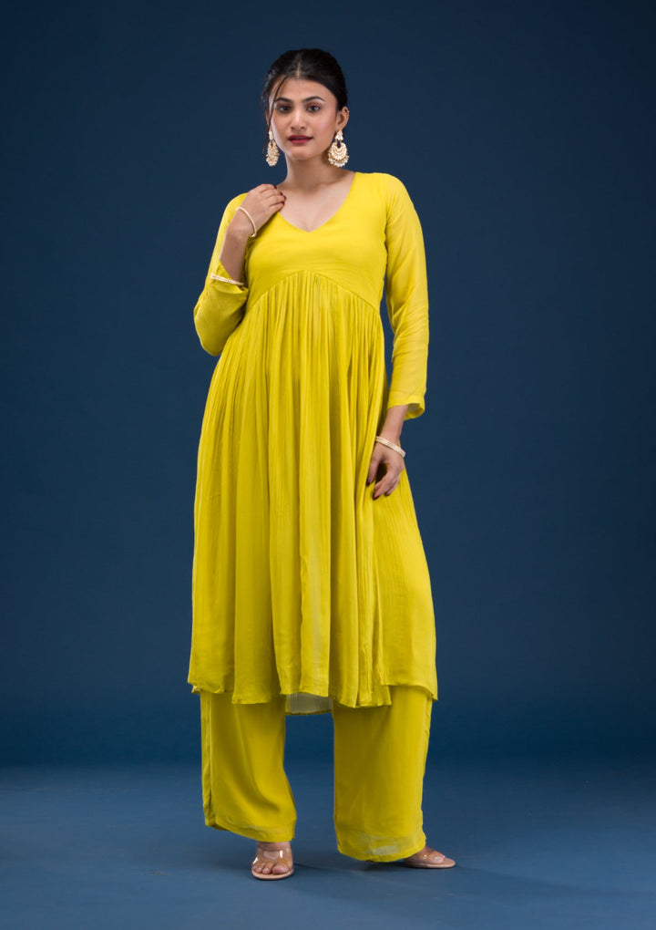 Yellow Printed Georgette Readymade Salwar Suit-Koskii
