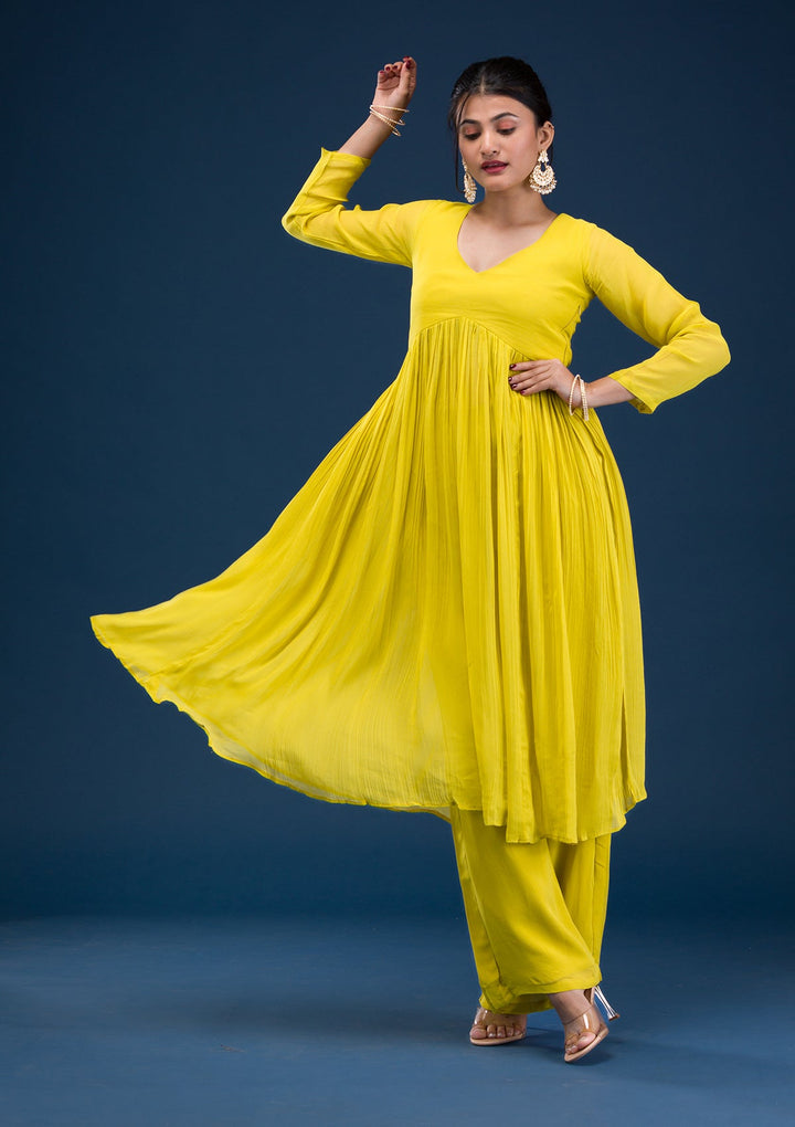 Yellow Printed Georgette Readymade Salwar Suit-Koskii