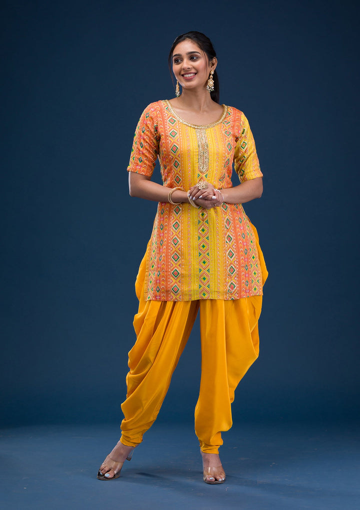 Yellow Printed Georgette Readymade Salwar Suit-Koskii