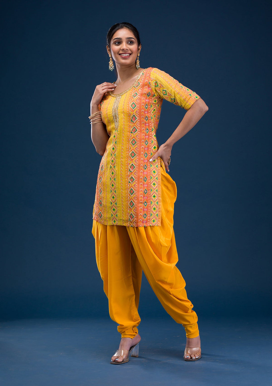 Yellow Printed Georgette Readymade Salwar Suit-Koskii