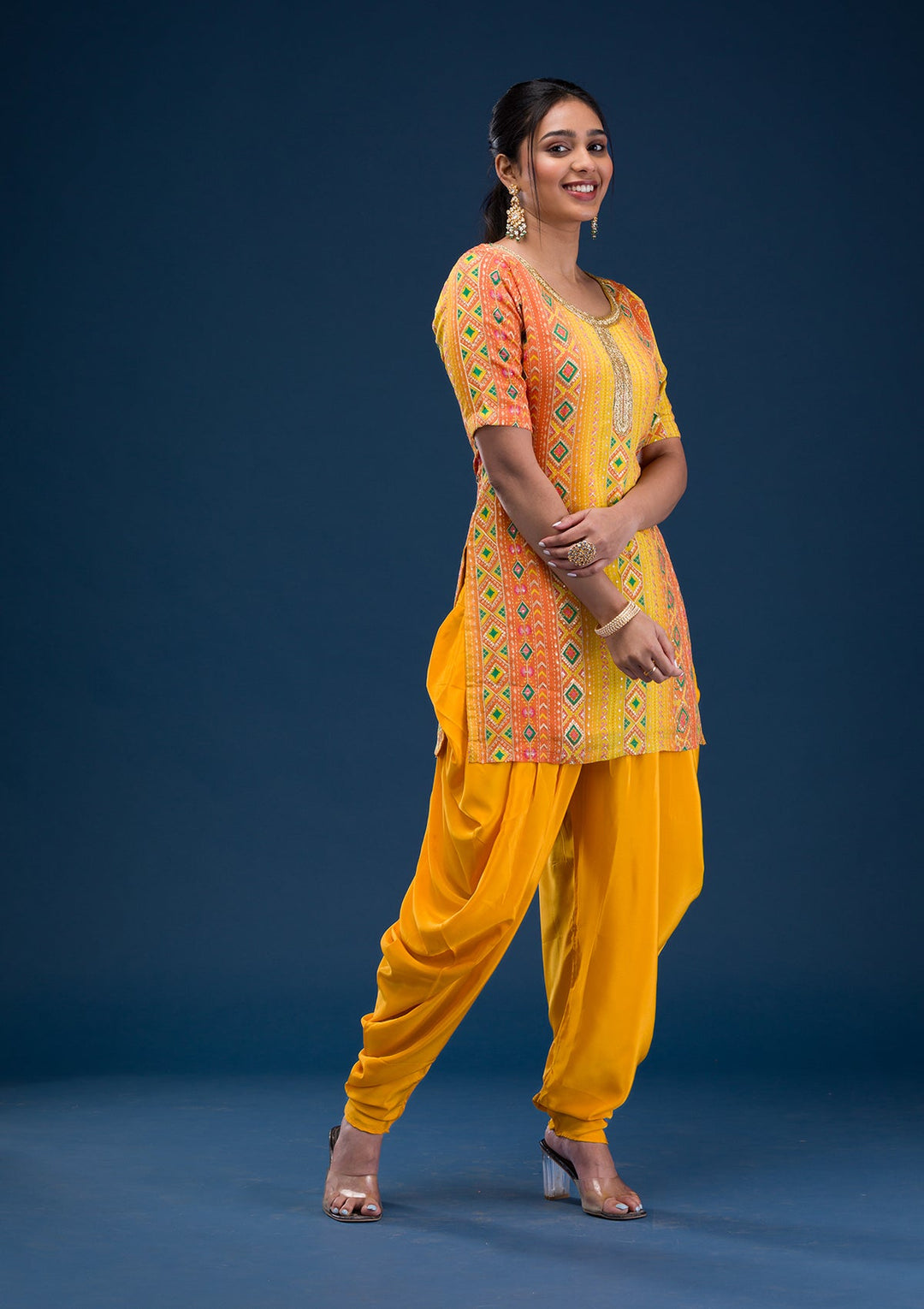 Yellow Printed Georgette Readymade Salwar Suit-Koskii