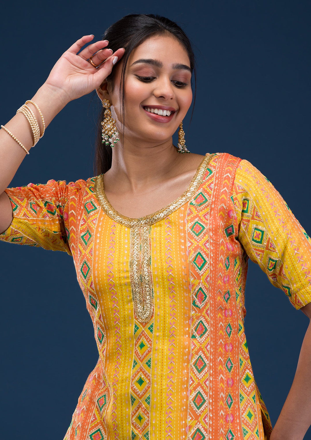 Yellow Printed Georgette Readymade Salwar Suit-Koskii