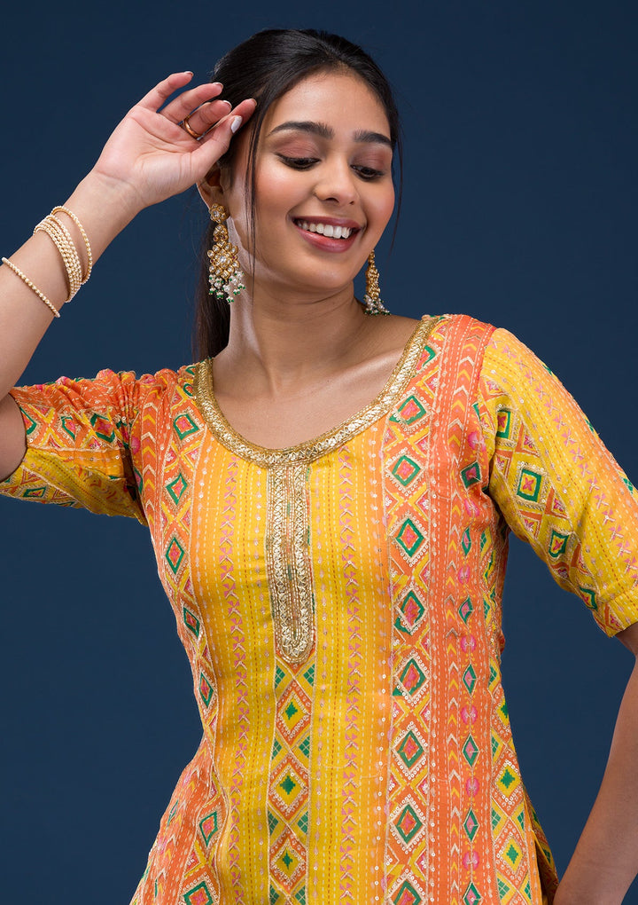 Yellow Printed Georgette Readymade Salwar Suit-Koskii