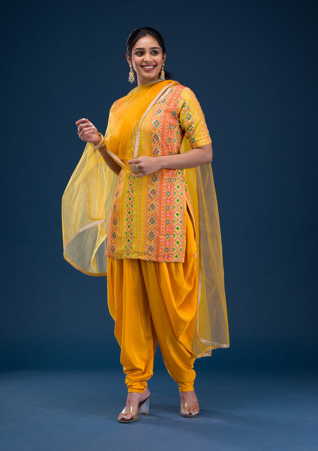 Yellow Printed Georgette Readymade Salwar Suit-Koskii