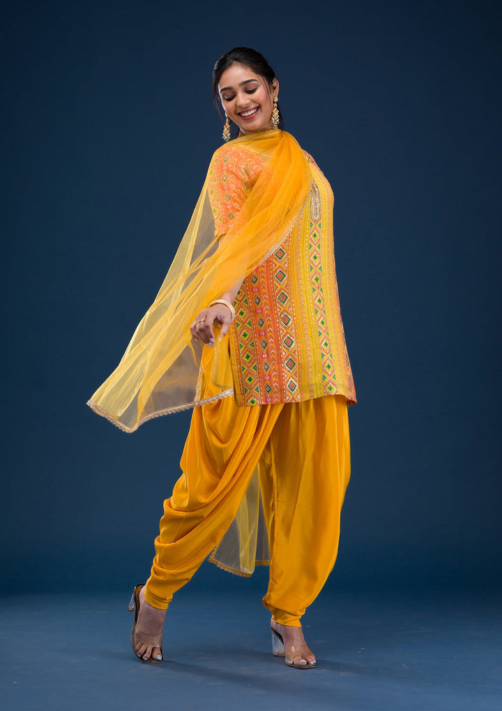 Yellow Printed Georgette Readymade Salwar Suit-Koskii