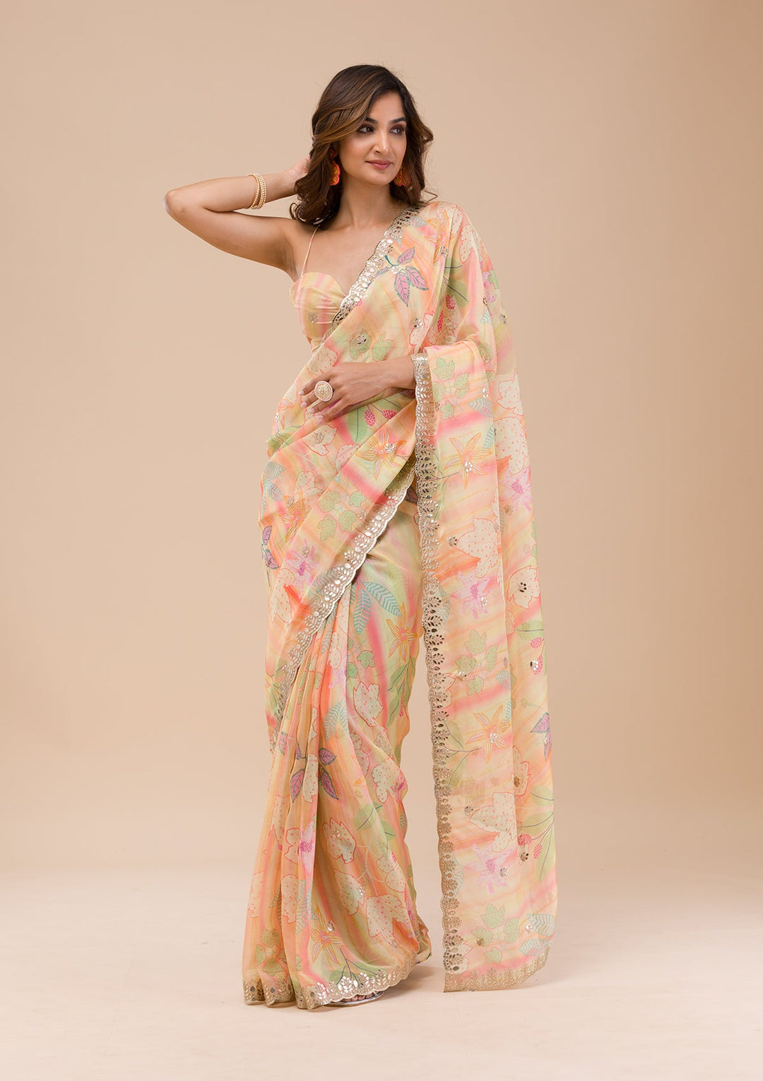Yellow Printed Organza Saree-Koskii