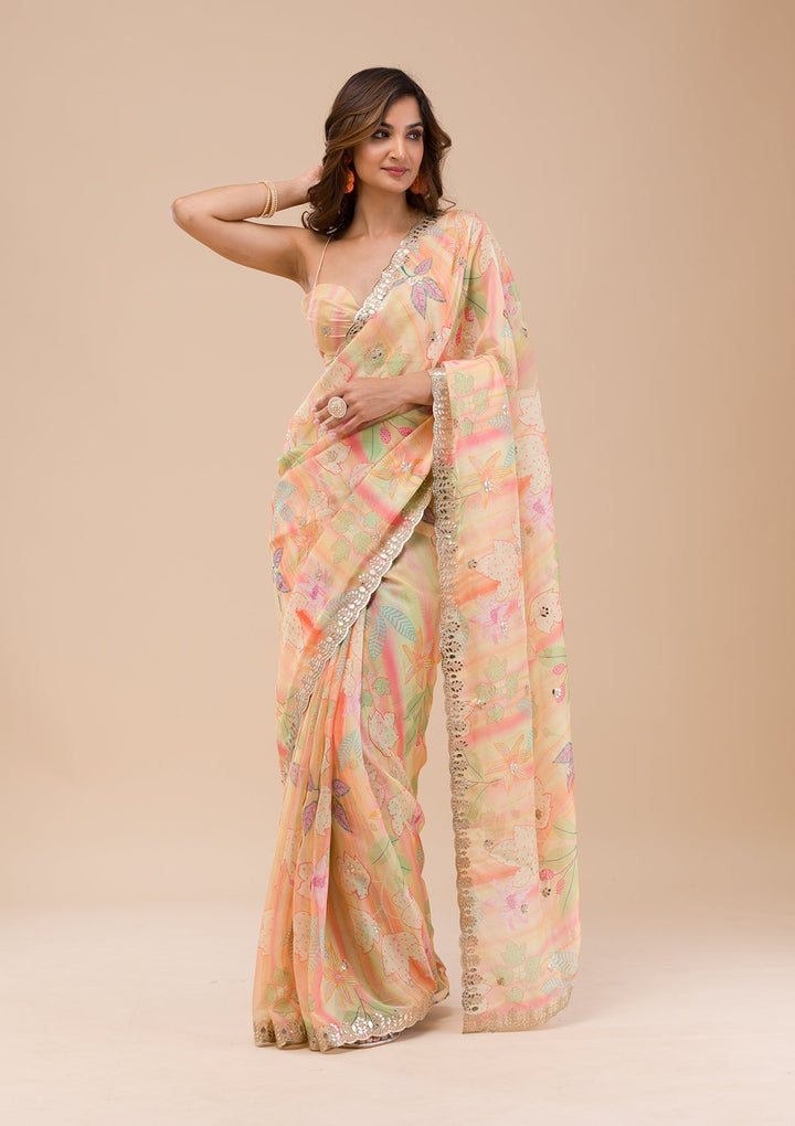 Yellow Printed Organza Saree-Koskii