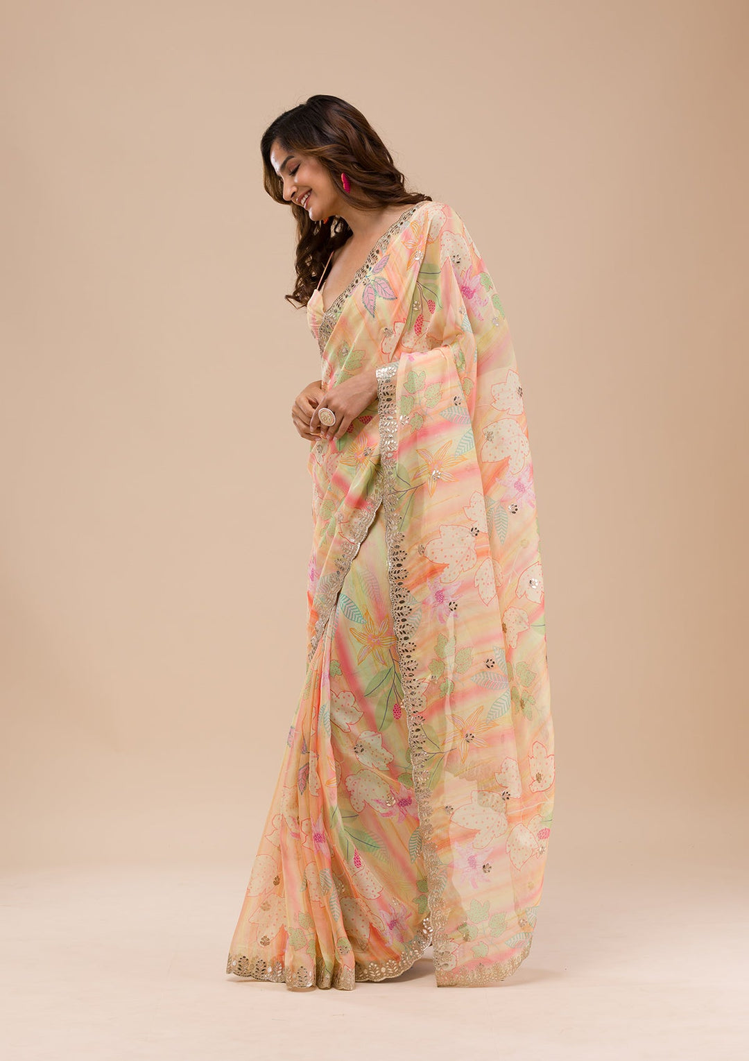 Yellow Printed Organza Saree-Koskii