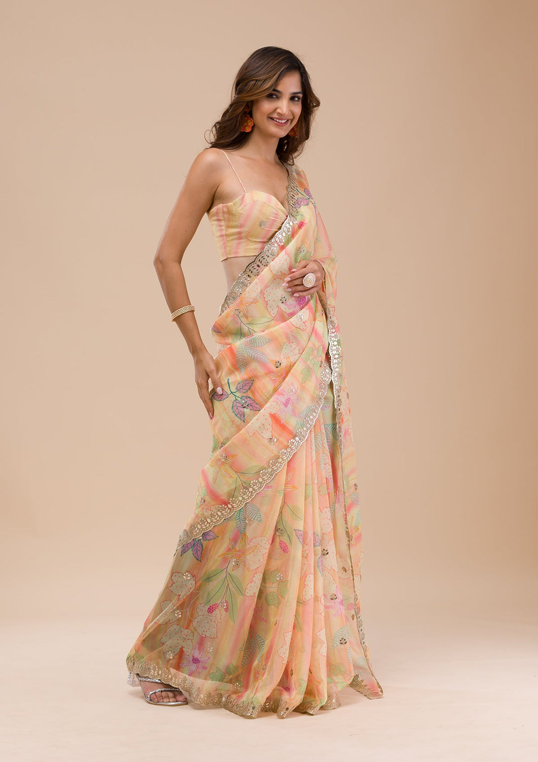 Yellow Printed Organza Saree-Koskii