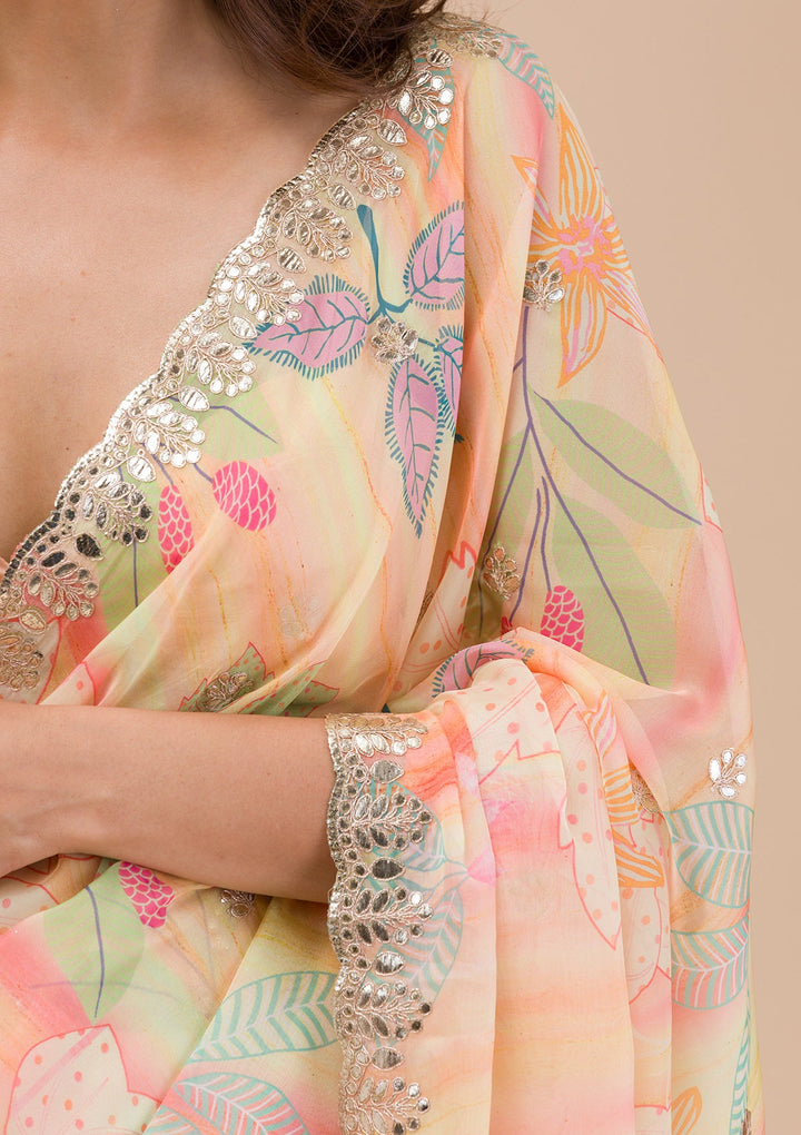 Yellow Printed Organza Saree-Koskii