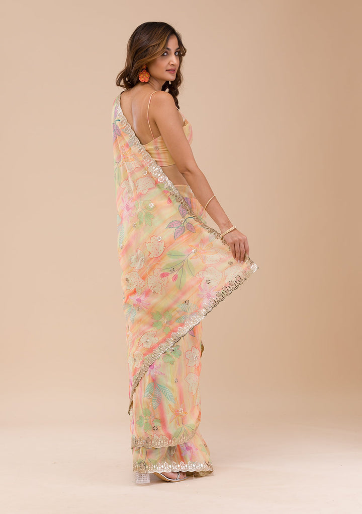 Yellow Printed Organza Saree-Koskii