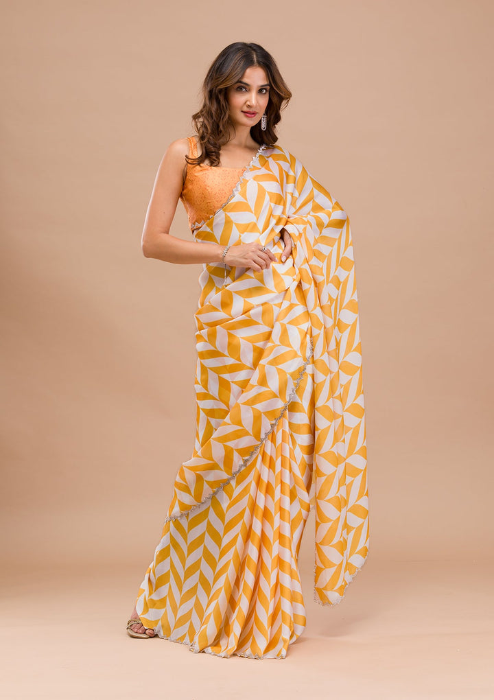 Yellow Printed Satin Saree-Koskii